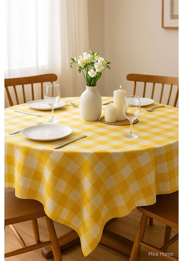 Mira Home Kareli Masa Örtüsü Sofra Bezi 160x160 Cm Happytime Sarı