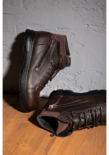 Ankle Hakiki Deri Bağcıklı Kauçuk Taban Erkek Bot, Fermuarlı Bot