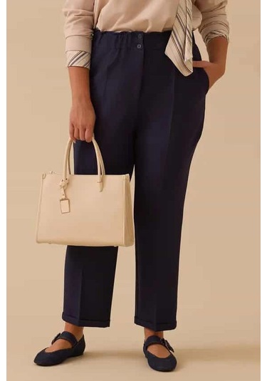 Kadın Büyük Beden Elastik Bel Bilek Boy Pantolon - Lacivert 4358890