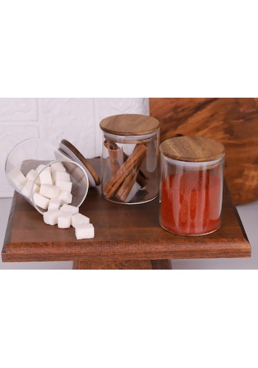 Akasya Kapaklı Borosilikat Cam Baharatlık Saklama Kavanozu 200 Ml 6'lı Ahşap - Şeffaf