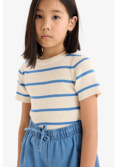 Defacto Kız Çocuk Cropped Fit Bisiklet Yaka Çizgili Kısa Kollu Kazak E4293a825smwt34 Beyaz