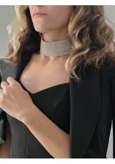 Gümüş Kaplama Rhinestone Choker Tasma Model Kolye Gümüş