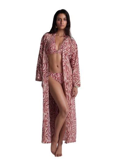 Aubade Beach Walk Kimono, Uzun Kollu, Derin Dekolteli, Hafif Plaj Üstlüğü Pembe
