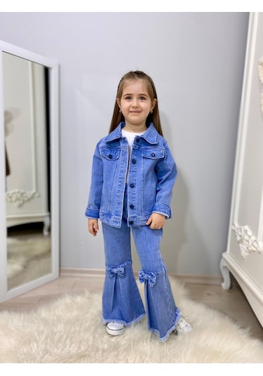 Modavals Fiyonk Detaylı İspanyol Paça Kot Pantolon & Kot Ceket & Badi Kız Çocuk Kombin Çok Renkli