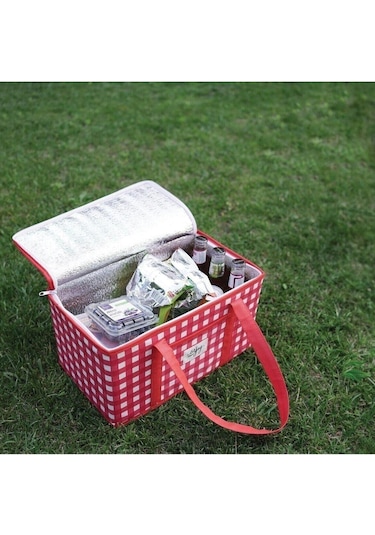 Esas Aksesuar Termo Lüks Piknik Çantası Kırmızı Ekoseli 35 X 20 X 20 Cm Kırmızı