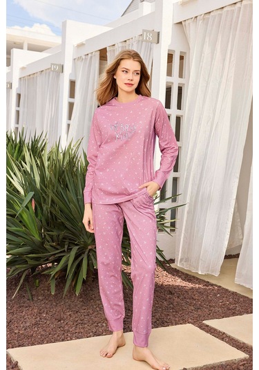 Aydoğan Kadın Lavin Ribana Manşetli Orta Pembe Koton Pijama Takım 0528 Pembe