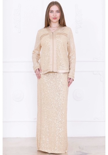 V Yaka Payetli İkili Takım 4716-bej Bej