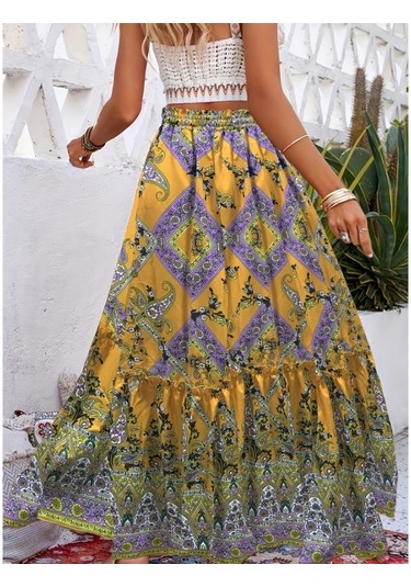Sarı Paisley Desenli Büzgülü Etekler, Boho Pileli Yazlık Maxi Etekler, Kadın Giyim Sarı
