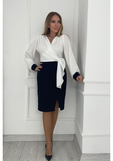 G0364 Bağlama Detaylı Tüvit Tasarım Elbise Siyah-siyah