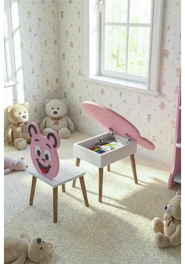Çocuk Masası & Çocuk Sandalyesi Happy Face Sevimli Figürlü Set Pembe