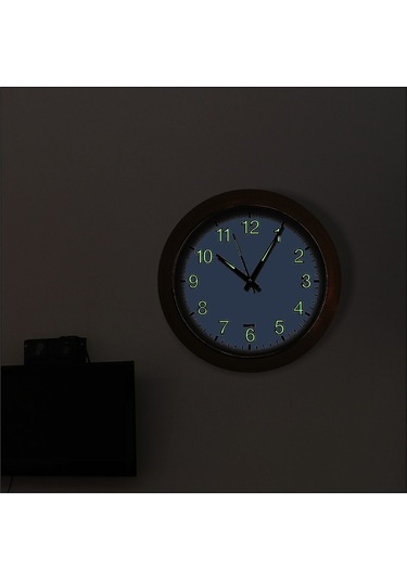 Krem Ahşap Çerçeve Fosforlu Gece Yanan Parlayan Duvar Saati 30Cm Ahşap