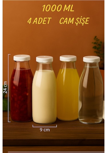 Rotanev 4 Adet Beyaz Plastik Kapaklı Cam Şişe 1 Litre Şeffaf Sürahi Süt, Ayran, Su, Limonata Meşrubat Şişesi