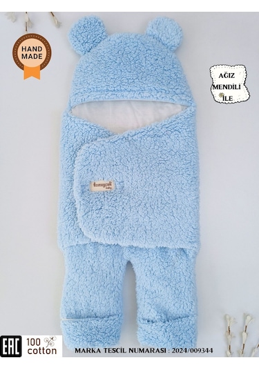 Bebek Dış Kundak Battaniyesi Welsoft Ekstra Uzun Kışlık Peluş Ayakları Açılabilen Uyku Tulumu 0-12ay Mavi