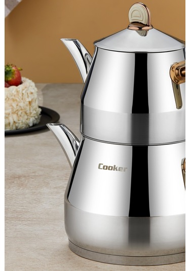 Everest 18/10 Paslanmaz Çelik Orta Boy Çaydanlık 0,75 L Demlik 1,75 L Alt Hazne Krem