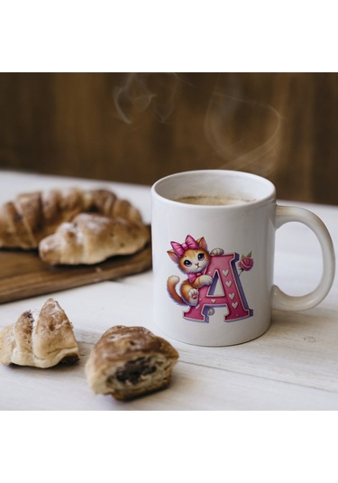 A Harfli Bardak, Sevimli Kedili Pembe Tasarım Bardak, Arkadaşa Aileye Hediye Porselen Beyaz