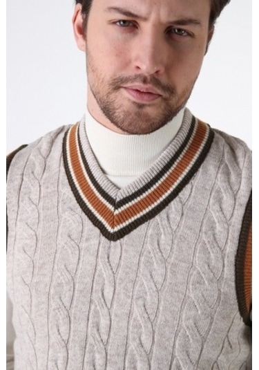 Ferraro A.Bej Örgü Desenli V Yaka %100 Kuzu Yünü Erkek Süveter