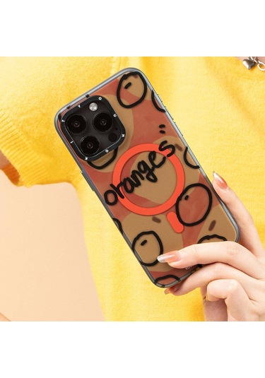 İphone 14 Pro Max Uyumlu Kılıf Magsafe Özellikli Bee Brown Tasarımlı Youngkit Funny Serisi Turuncu