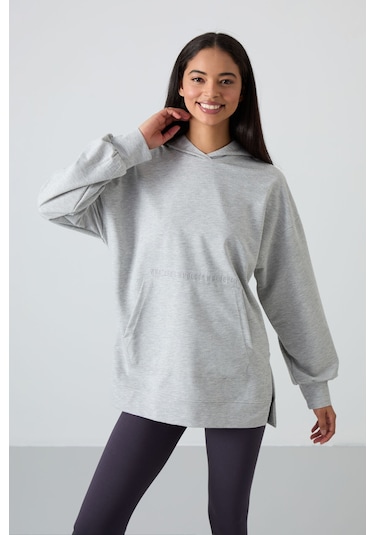 Tommy Life Gri Melanj Balon Kol Yazı Nakışlı Kadın Oversize Tunik Sweatshirt - 97163 Gri Melanj