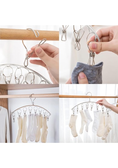 Rüzgar Geçirmez Kancalı Paslanmaz Çelik Kurutma Askısı, İç Çamaşırı Askısı, Çorap Ve Havlu Kurutmak İçin 8 Klipsli Elbise Askısı 2'li Paket Diğer