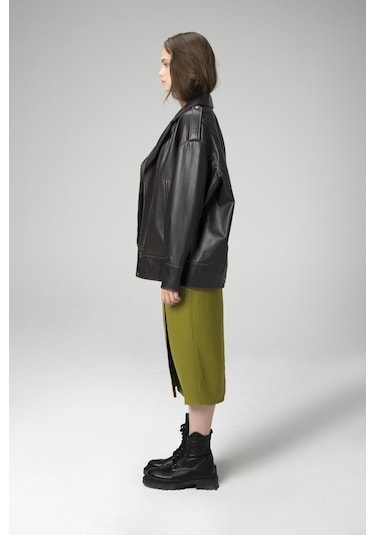 Siyah/taba Dericlub Wm019 Oversize Biker Hakiki Deri Kadın Mont