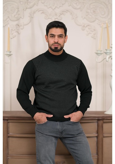 Woolen World Balıkçı Yaka Desenli Yünlü Erkek Triko Kazak Siyah