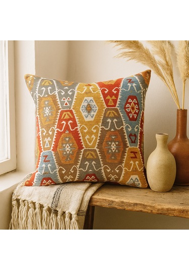 Etnik Desenli Kilim Dokulu Kırlent Kılıfı 40 x 40