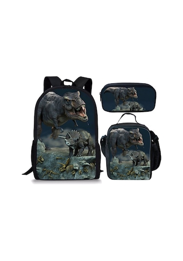 Xindoker Jurassic World Dino Mutfak Çantası + Okul Çanta + Kalem Kutusu 3'lü Set - Öğrenci Çantaları Ve Okul Malzemeleri Siyah