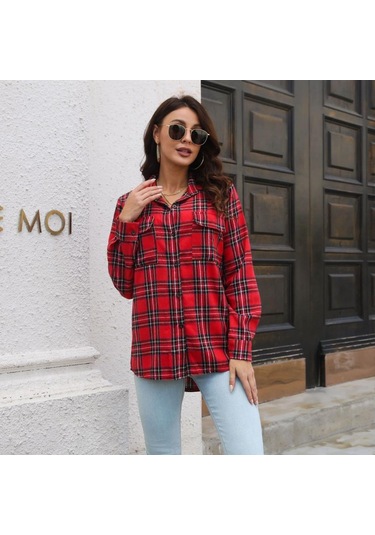 Gmxıa Kadın Modası Günlük Ekose Baskı Uzun Kollu Polo Yaka Bluzlar Ve Gömlekler Kırmızı