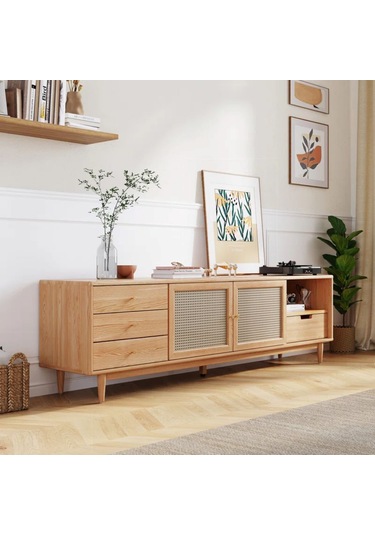 Ahşap Rattan Kapak Detaylı Modern Tv Ünitesi Natürel