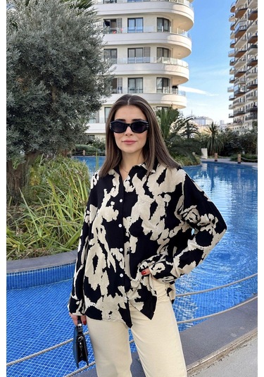 Kadın Siyah Uzun Kol, Arkası Pliseli, Salaş Dökümlü, Viskon Gömlek Siyah