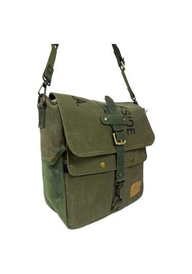 Vintage Baskılı Su Geçirmez Kanvas Deri Unisex Postacı Omuz Çantası 29 Cm X 30 Cm Haki