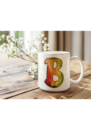 B Harf Yaprak Renkleri İle Kupa Bardak - Kişiye Özel Alfabe Harfli Bardak - Hediye Beyaz