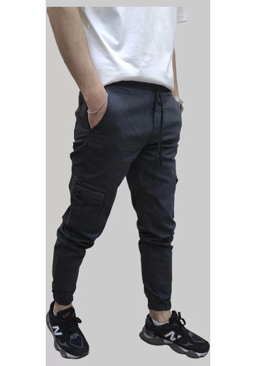 Erkek Jogger Beli Ve Paçası Lastikli Keten Antrasit Kargo Pantolon Antrasit