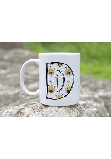 D Harfi Arı Desenli Kupa - Sevimli Hayvan Temalı Kişiye Özel Kahve Kupası - Şans Kupası Beyaz
