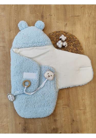 Peluş Bebek Dış Kundağı Oyuncaklı Uyku Tulumu Hastane Çıkışı Hediyelik Sarma Battaniye Mavi