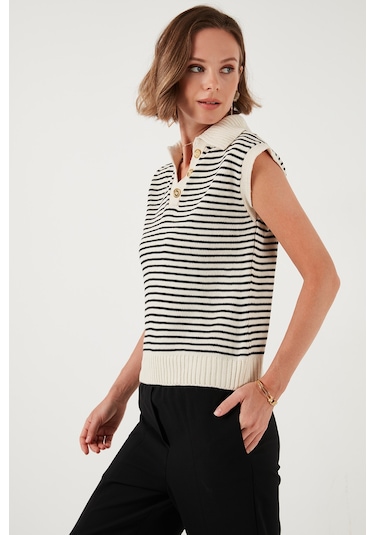 Lela Çizgili V Yaka Triko Bayan Süveter 4616171 Krem-Siyah