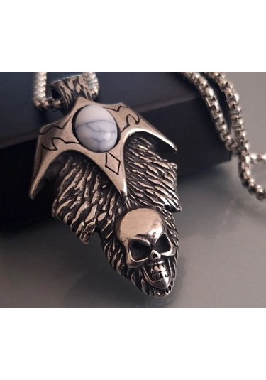 Paslanmaz Çelik Turkuaz Taş Detaylı Haç Kurukafa Kolye