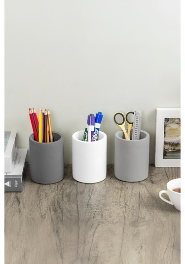 Dekoratif Beton Kalemlik 3 Lü Set Minimalist Organizer, Vazo, Saksı Ve Diş Fırçalık Çok Renkli