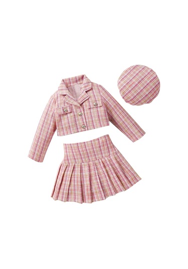 Açık Pembe Kızlar Sonbahar 3 Parça Kıyafetler 4y 5y 6y 7y Uzun Kollu Düğme Ceket Pilili Ekose Etek Şapka Seti Açık Pembe