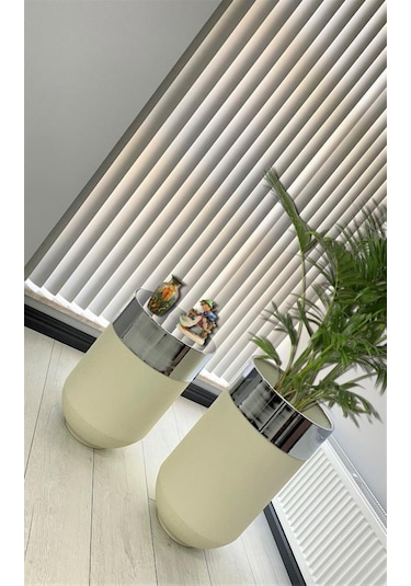 Dekoratif Krom Darbuka Beyaz Saksı 70cm + Sehpa 60cm İkili Set