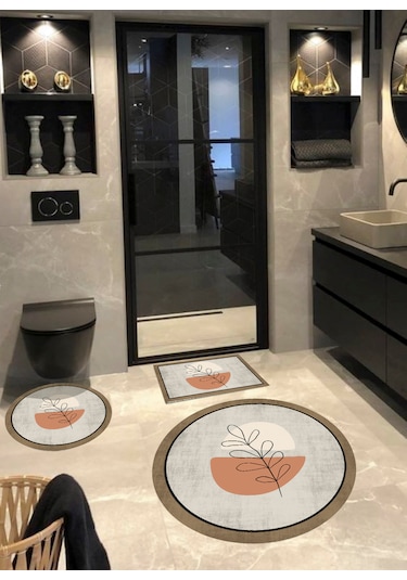 Soyut - Pamuk Dokuma Taban Yuvarlak Banyo Halısı 100x100-60x60-4 Renkli