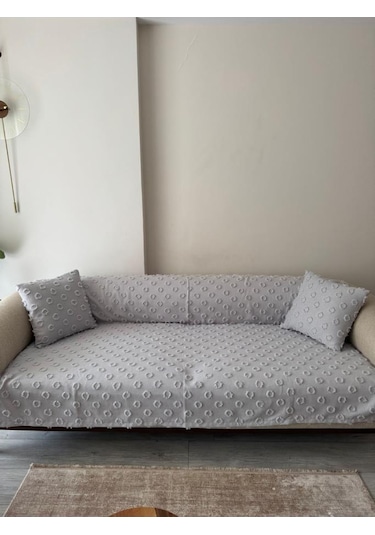 Konik Kırlent Kılıfı Hediyeli 170x210 Cm Pamuklu Koltuk Örtüsü Gri Gri