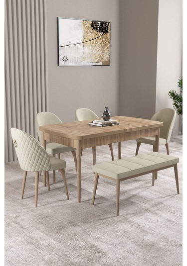 Milas Meşe Desen 80x132 Mdf Açılabilir Yemek Masası Takımı 4 Sandalye, 1 Bench Krem