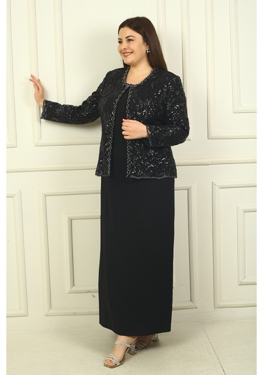 Kadın Pul İşlemeli Boncuk Detaylı Tül Ceket Yarım Ay Kollu Uzun Elbise Astarlı Krep Büyük Beden 2'li Takım Siyah Kadın Pul İşlemeli Boncuk Detaylı Tül Ceket Yarım Ay Kollu Uzun Elbise Astarlı Krep Büyük Beden 2'li Takım Siyah