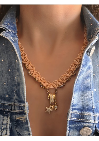 Makrome Bohem İp Örme Siyah El Yapımı Bağlamalı Kolye Pembe