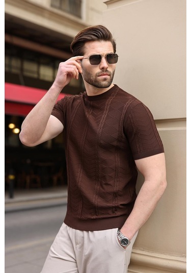 Kahverengi Bisiklet Yaka Slim Fit Triko Erkek Tişört E7466