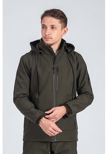 Suya Dayanıklı Slim Fit Softshell Kapüşonlu Erkek Mont Haki Suya Dayanıklı Slim Fit Softshell Kapüşonlu Erkek Mont Haki