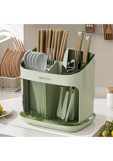 Fochsia Yeşil Duvara Monte Veya Tezgah Üstü Plastik Çatal Bıçak Saklama Kutusu - Büyük Kapasiteli Sökülebilir Kapak Yeşil
