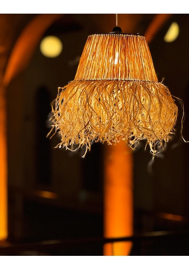 Hasır Doğal Saçaklı 30 Cm Çap Dekoratif Rafya Avize Sarı Bej - Sarı