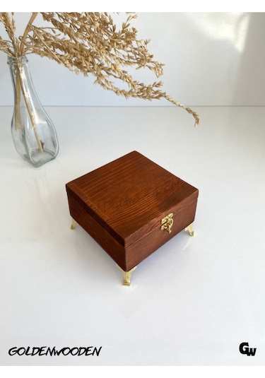 Doğal Ahşap Takı Kutusu Ahşap Saklama Kutusu Ceviz Beyaz Çam Boy:12cm En:12cm Yük:8,5cm
